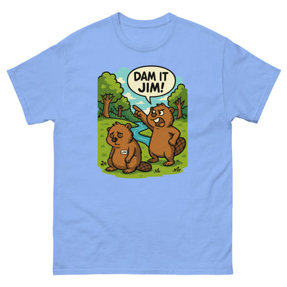 Carolina blue t-shirt with whimsical “Dam It Jim!” beaver pun graphic.