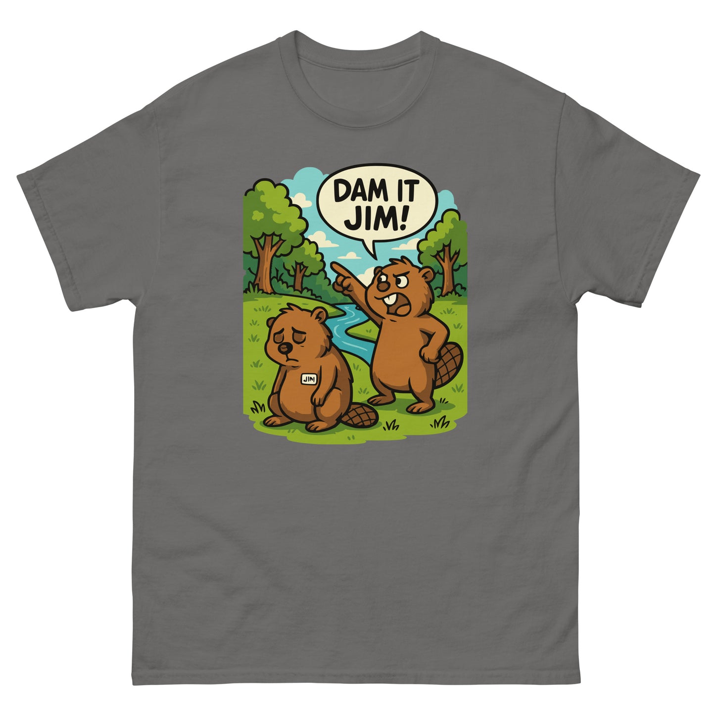 Charcoal grey t-shirt with “Dam It Jim!” beaver design, perfect for pun lovers.