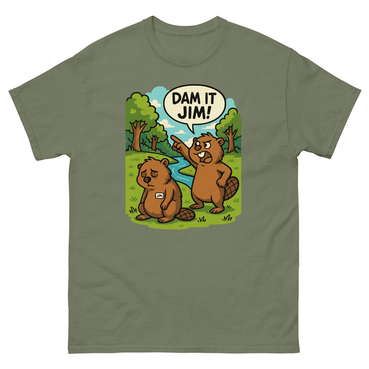 Military green t-shirt with funny beaver graphic, “Dam It Jim!” print for humorous style.