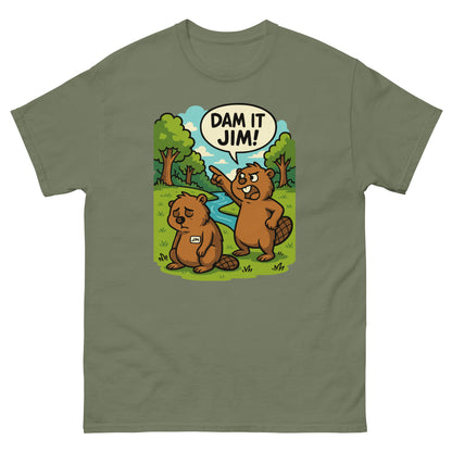 Military green t-shirt with funny beaver graphic, “Dam It Jim!” print for humorous style.