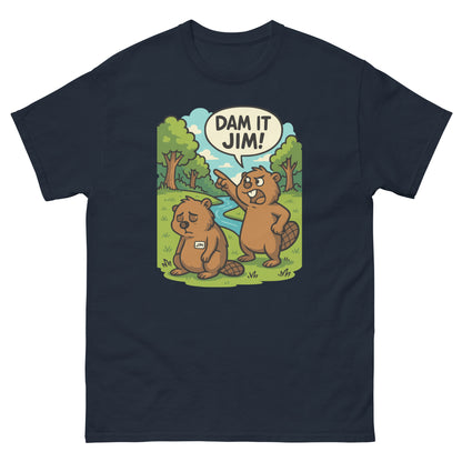 Navy blue t-shirt with sarcastic beaver pun design, “Dam It Jim!” graphic.