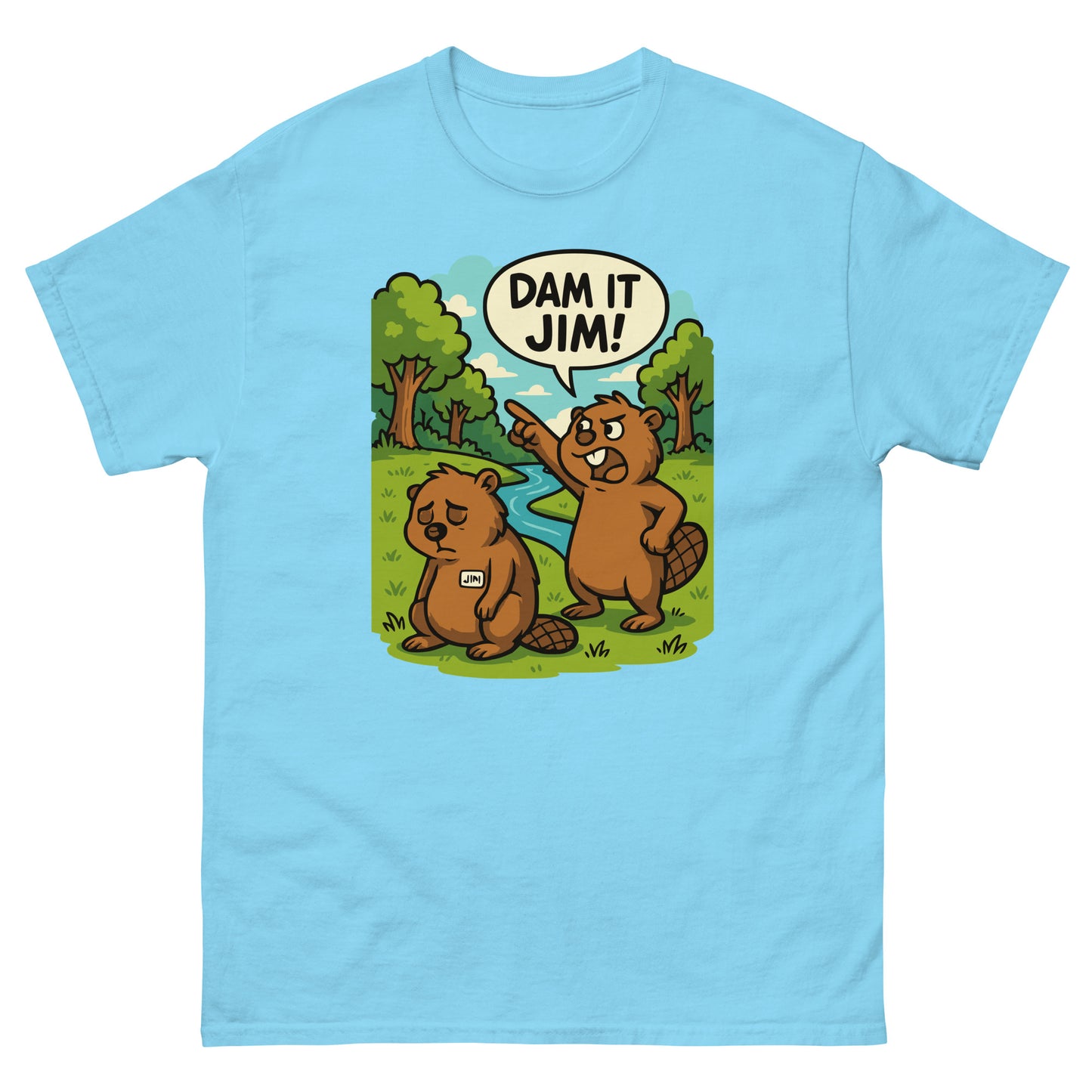 Sky blue t-shirt featuring funny beaver pun design with “Dam It Jim!” text.