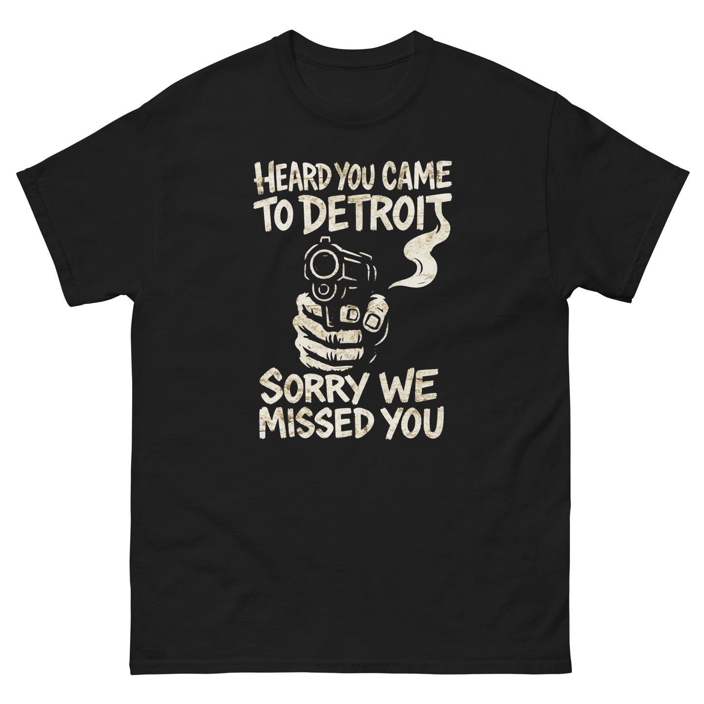 Front view of black Detroit graphic t-shirt with "Heard You Came to Detroit" slogan