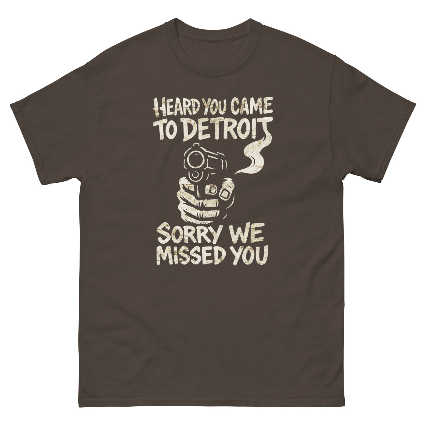 Dark chocolate urban graphic tee with Detroit slogan design on chest