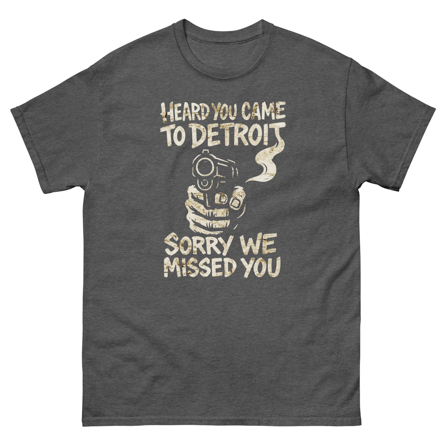Dark heather Detroit pride shirt with bold city-inspired statement graphic