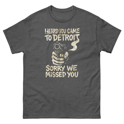 Dark heather Detroit pride shirt with bold city-inspired statement graphic