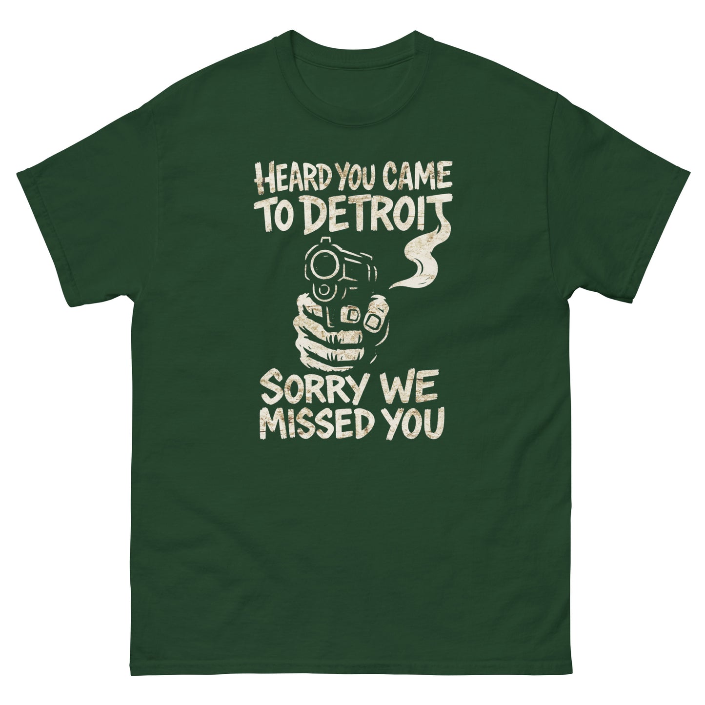 Forest green street-style Detroit t-shirt with bold Motor City typography
