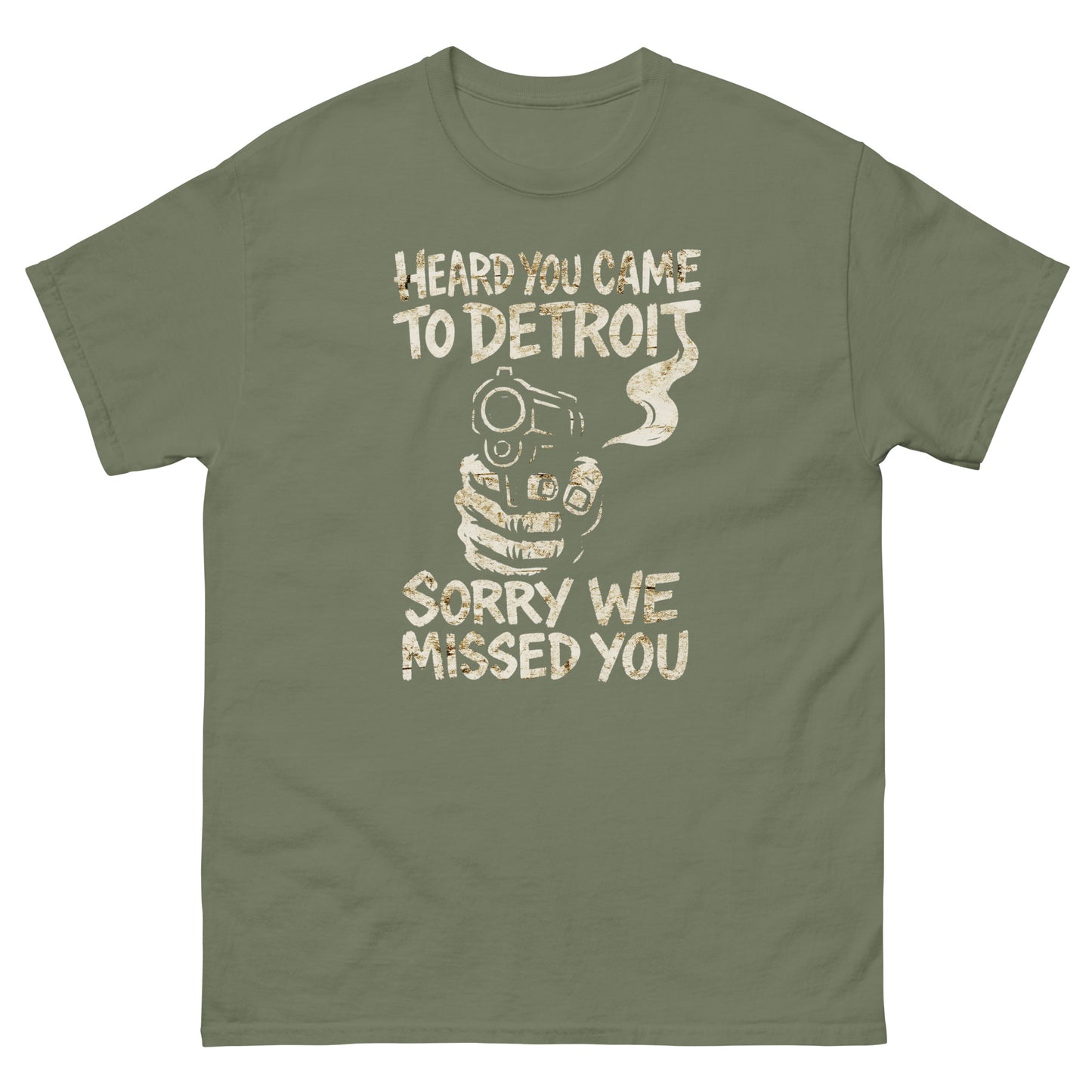 Military green Detroit streetwear tee featuring bold local pride message