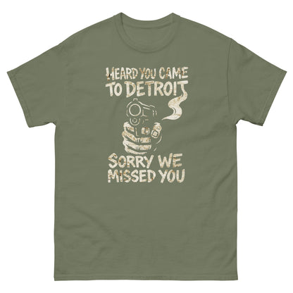 Military green Detroit streetwear tee featuring bold local pride message