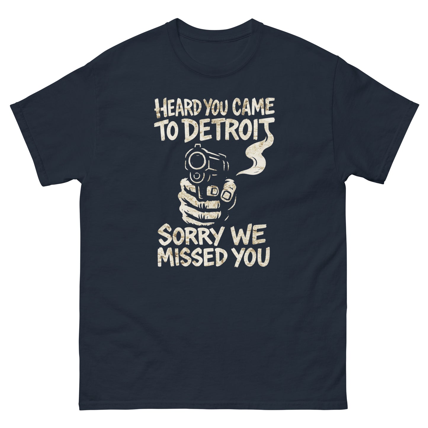 Navy blue Motor City attitude t-shirt with bold Detroit pride text design