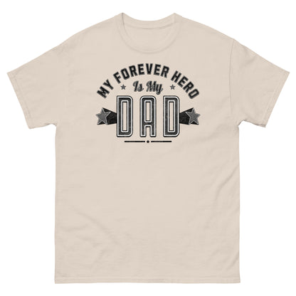 Natural tribute tee with retro-style “Forever Hero” message to honor dads