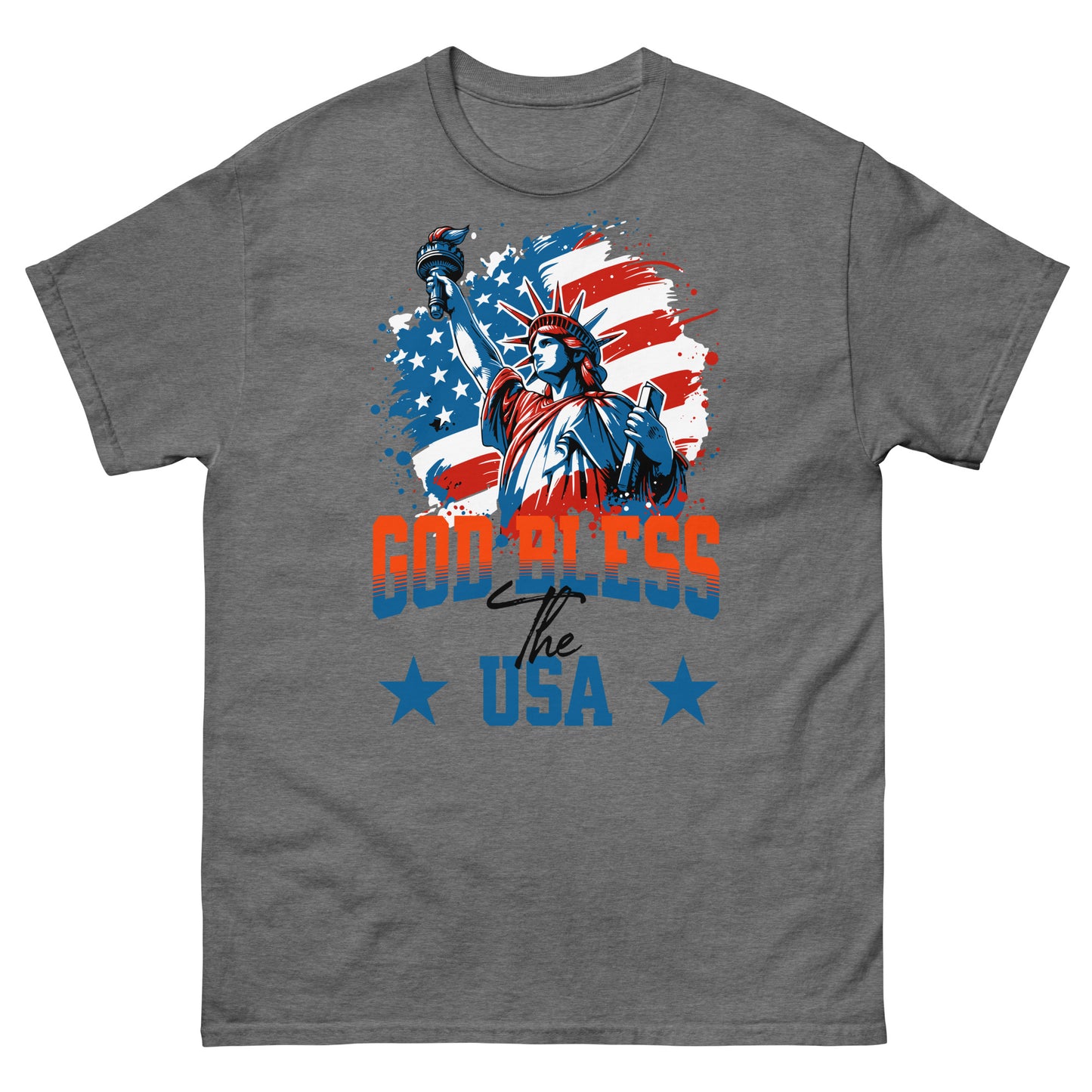 Graphite heather faith-based American shirt with Lady Liberty and red white blue art