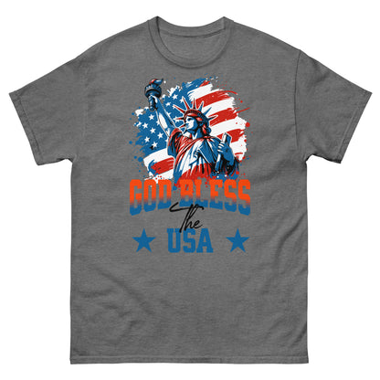 Graphite heather faith-based American shirt with Lady Liberty and red white blue art