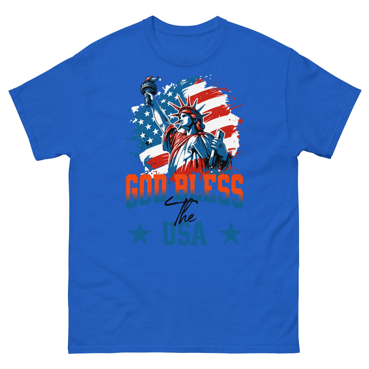 Royal blue liberty t-shirt with patriotic God Bless the USA message