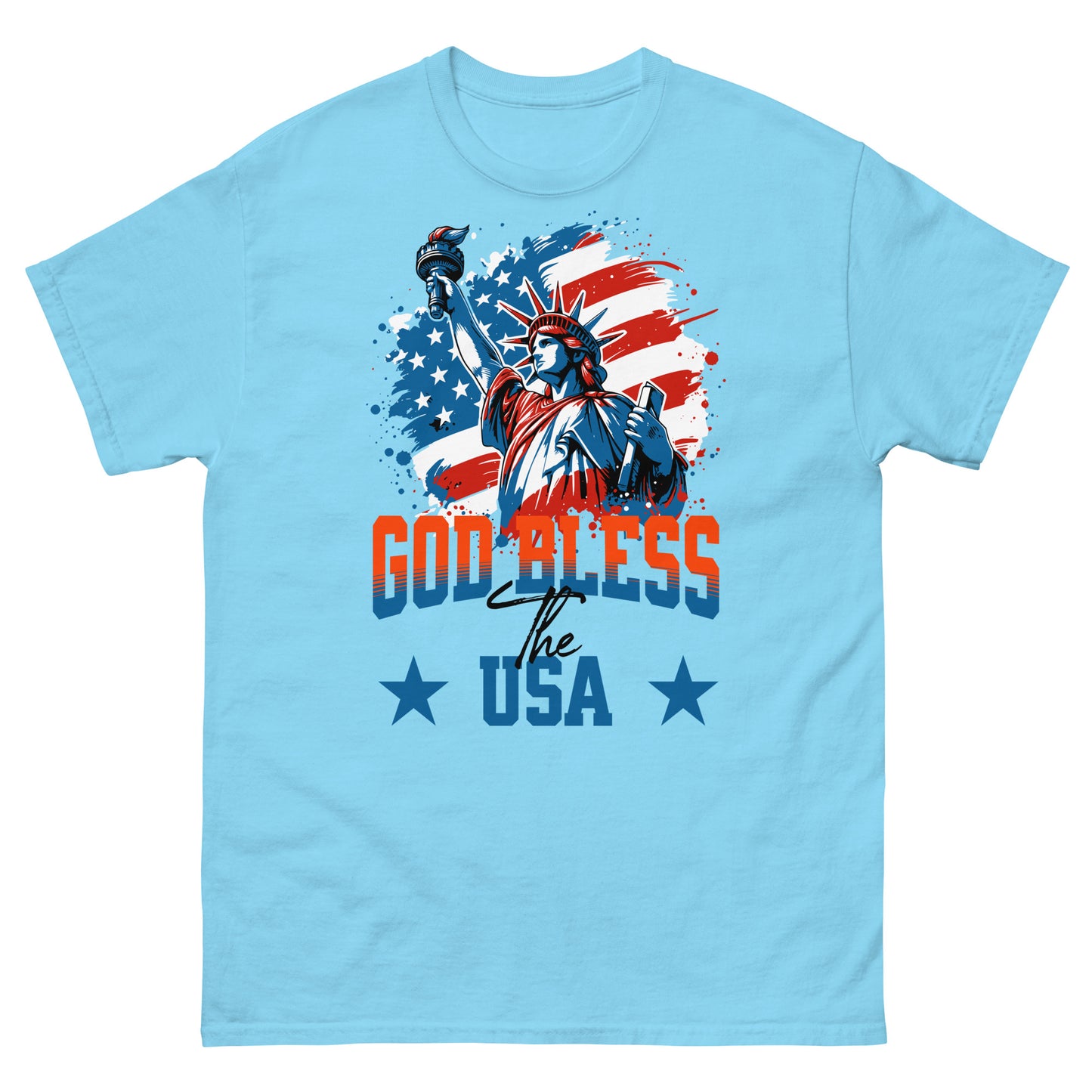 Sky blue American pride t-shirt with religious liberty message and patriotic flag design