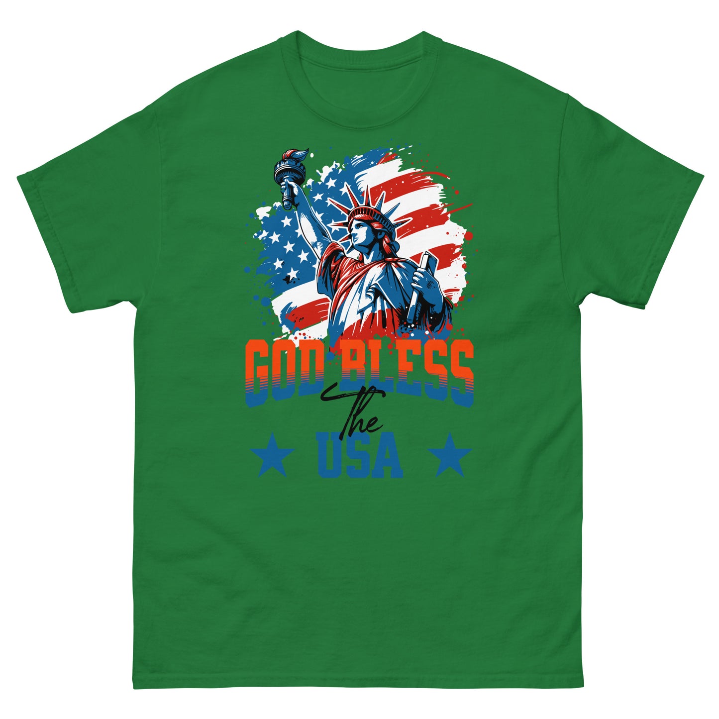 Turf green patriotic graphic tee with Statue of Liberty and American flag in background