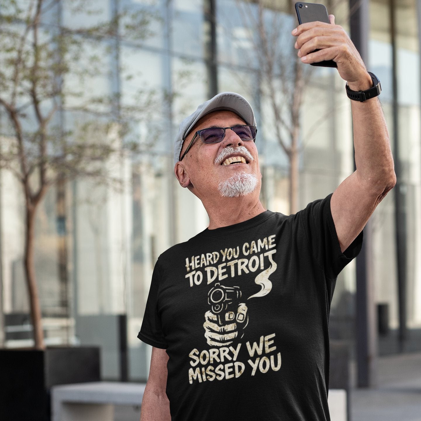 Model wearing Detroit street-style graphic tee