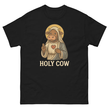  Black religious pun shirt featuring cartoon cow with halo and robe in “Holy Cow” design