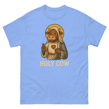 Carolina blue pun shirt with faith-inspired cow character and quirky religious twist