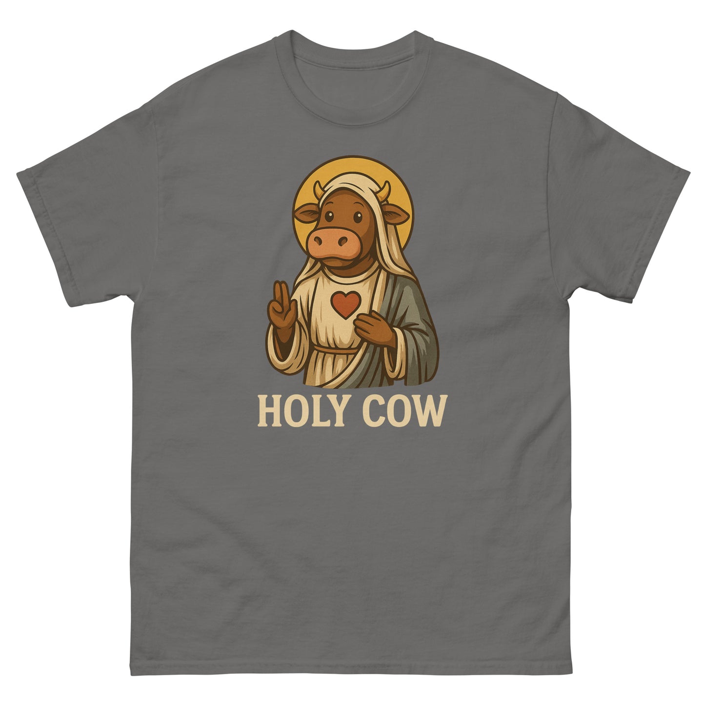 Charcoal funny spiritual t-shirt with saintly cow parody art