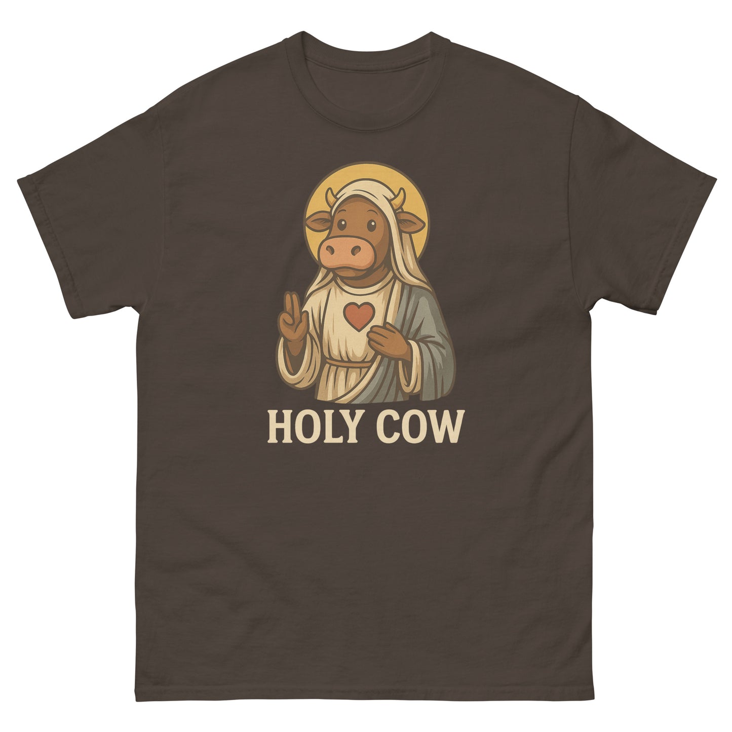 Dark chocolate “Holy Cow” faith-based tee with humorous religious character art