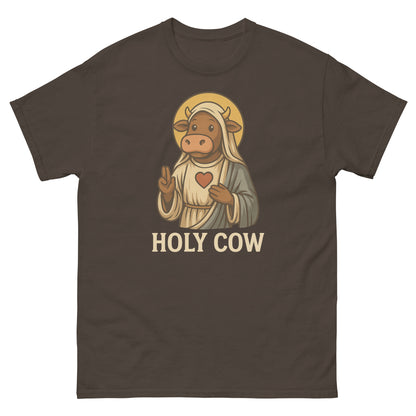 Dark chocolate “Holy Cow” faith-based tee with humorous religious character art