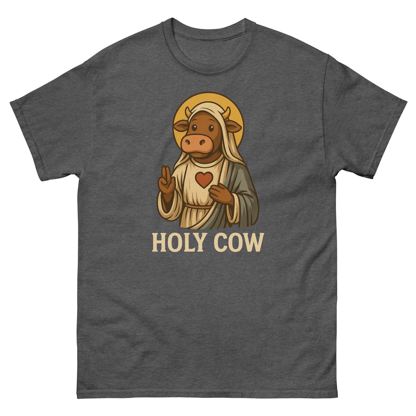 Dark heather novelty Christian tee with illustrated saint-cow pun