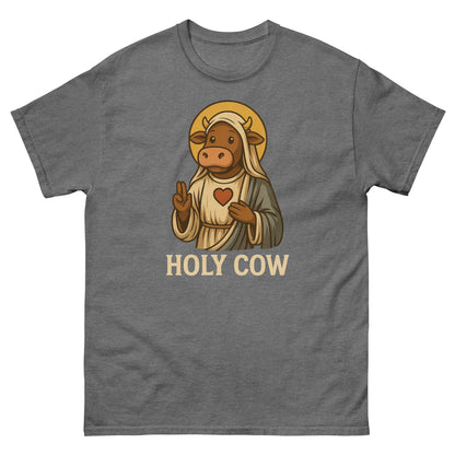 Graphite heather shirt with humorous cartoon cow in halo and robe