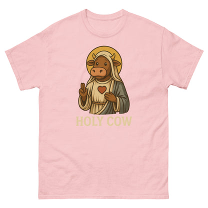 Light pink shirt with adorable “Holy Cow” saint cow graphic and spiritual humor