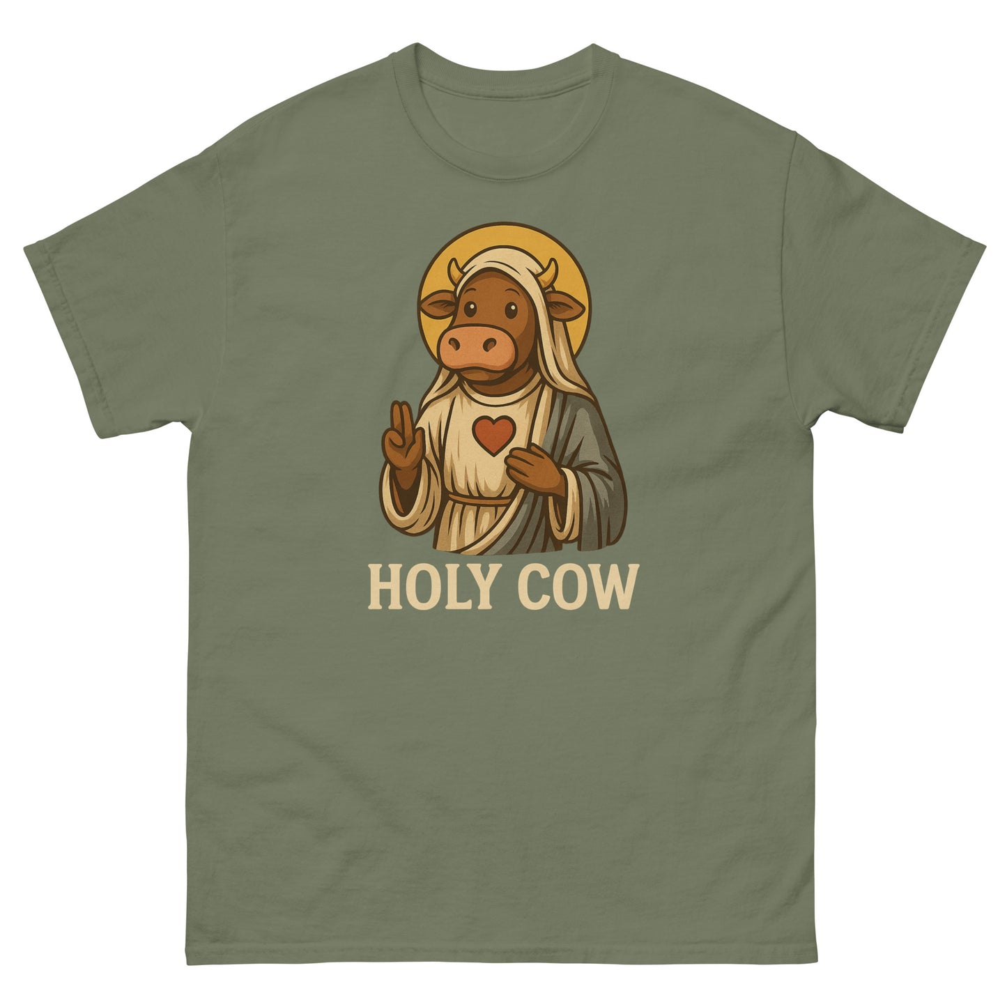 Military green “Holy Cow” t-shirt with cow in prayer robe for light religious humor