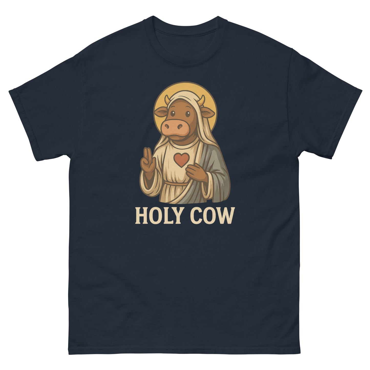 Navy funny Christian t-shirt with saintly cow cartoon and light faith humor