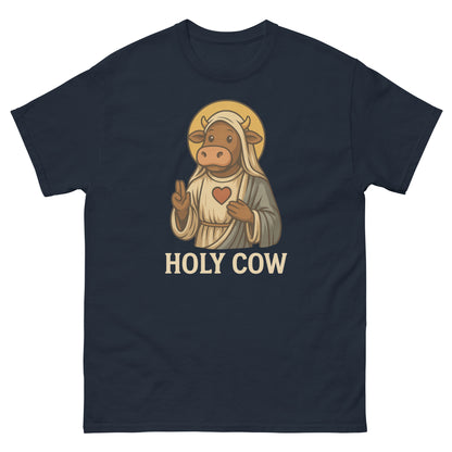 Navy funny Christian t-shirt with saintly cow cartoon and light faith humor