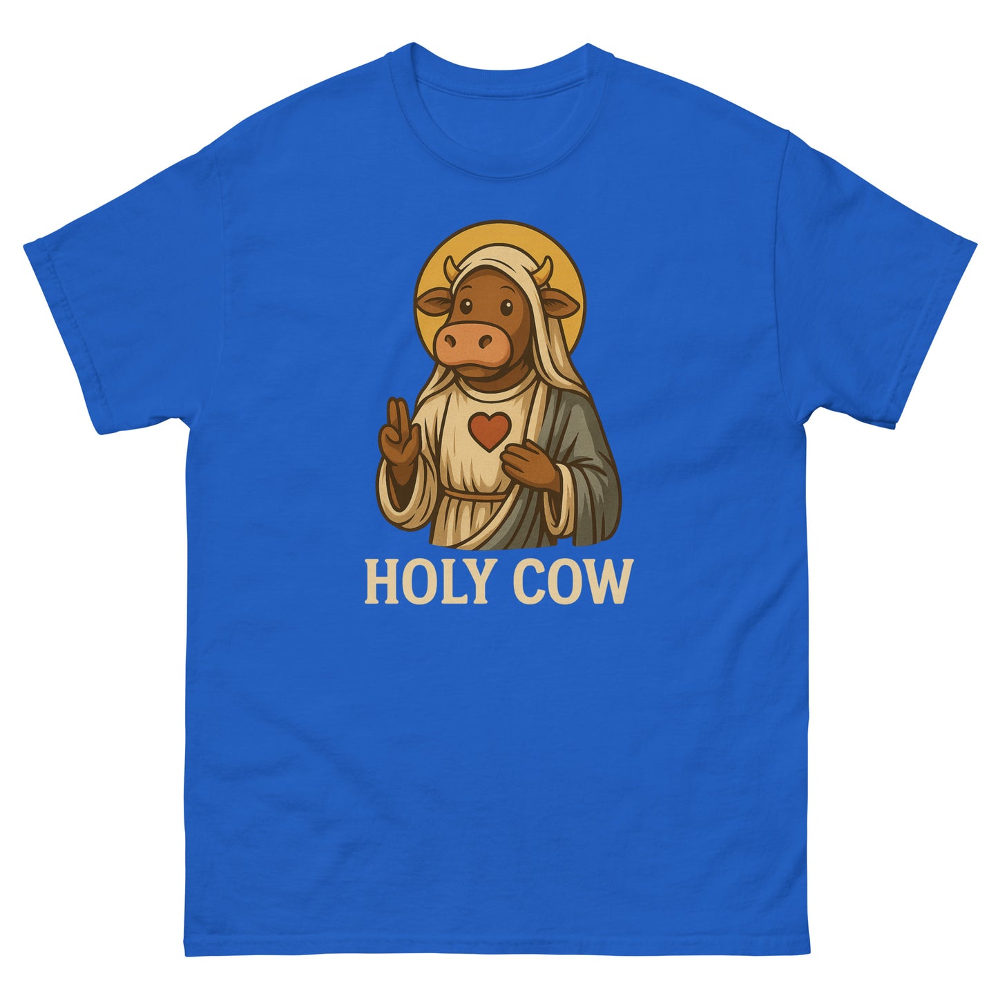Royal blue punny Christian shirt featuring cow in robe with heart and halo