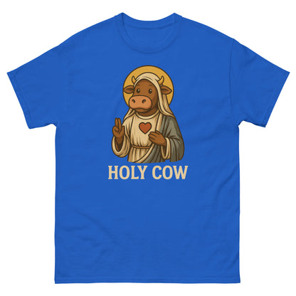 Royal blue punny Christian shirt featuring cow in robe with heart and halo