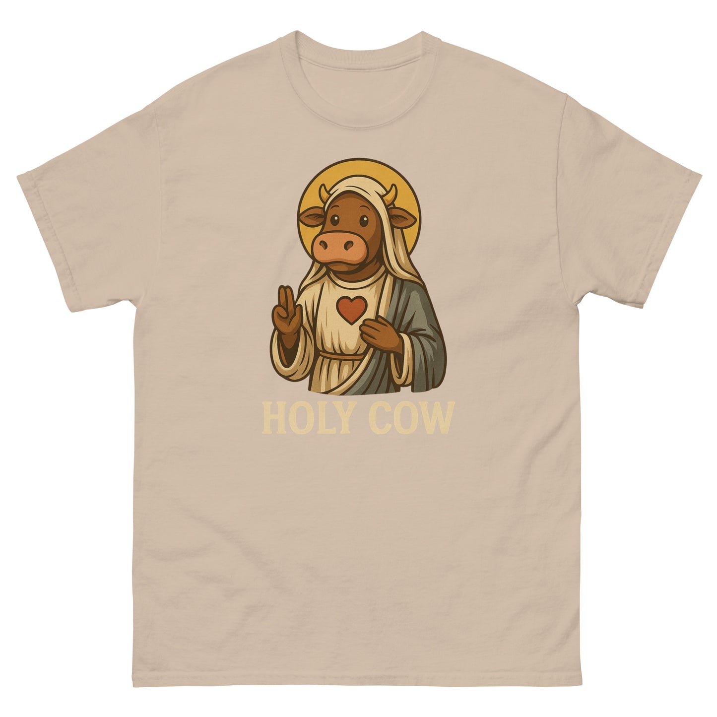 Sand colored funny Christian pun tee with cartoon cow and halo