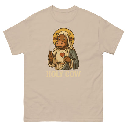Sand colored funny Christian pun tee with cartoon cow and halo