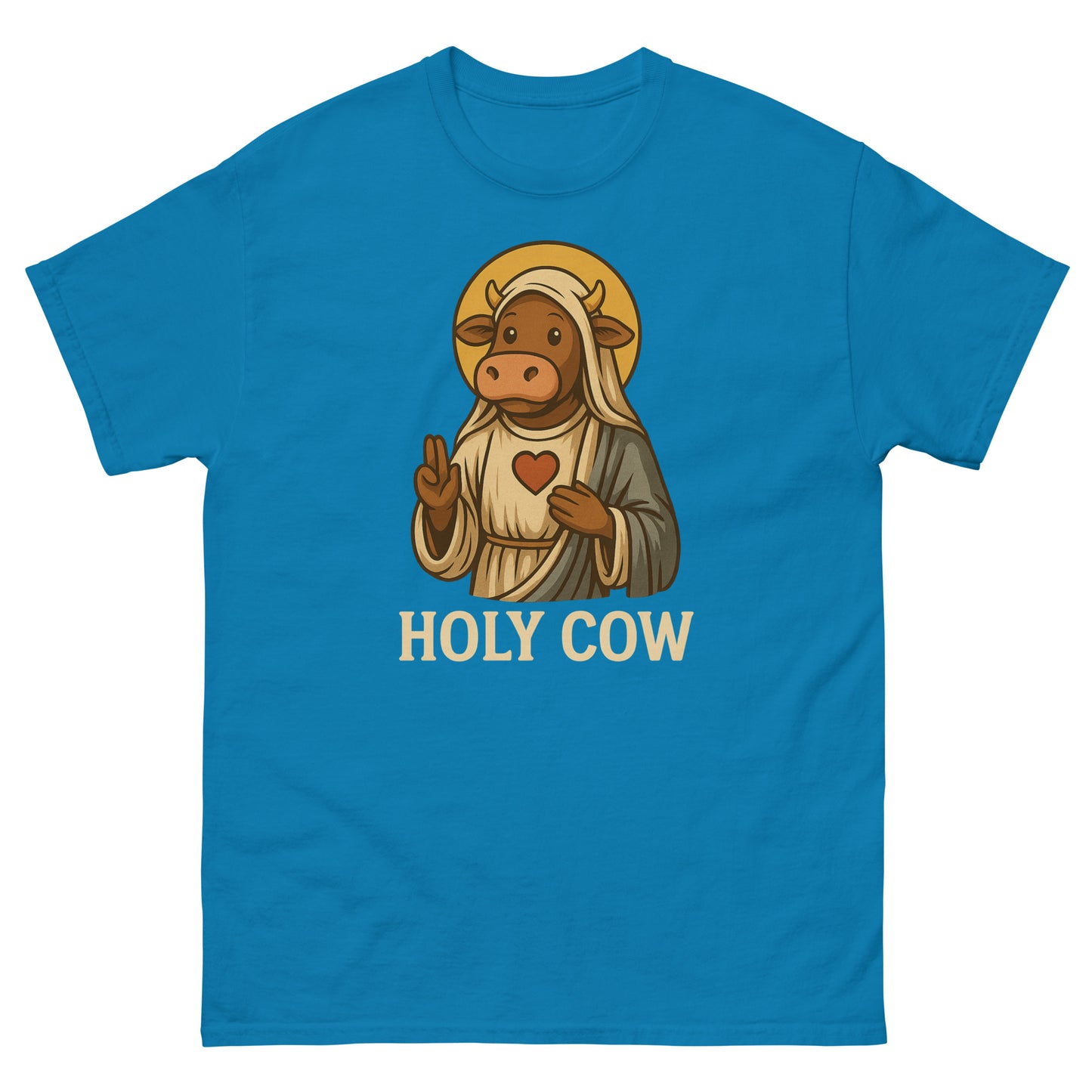 Sapphire shirt with adorable haloed cow cartoon and “Holy Cow” text