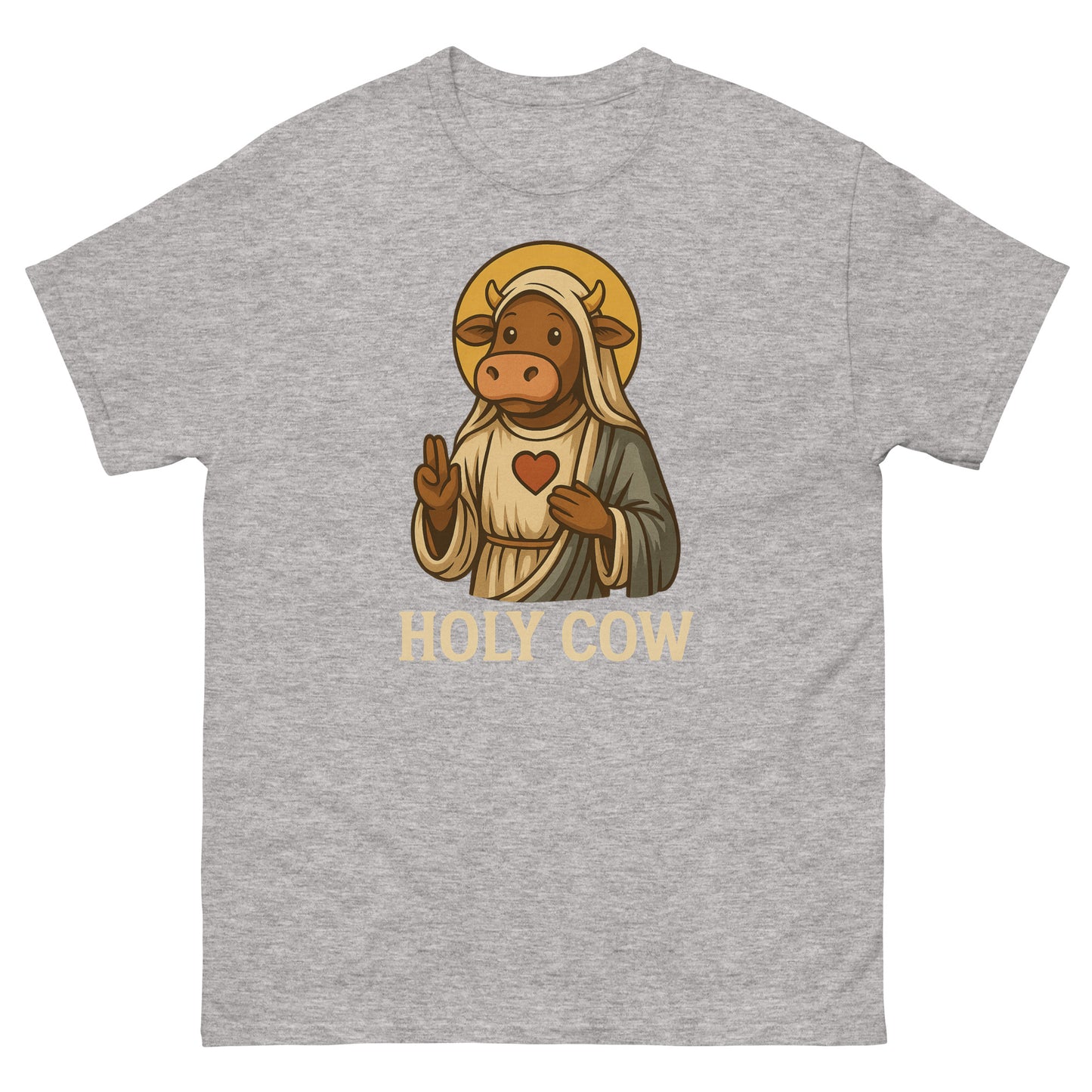 Sport grey novelty tee with illustrated cow saint and lighthearted faith pun