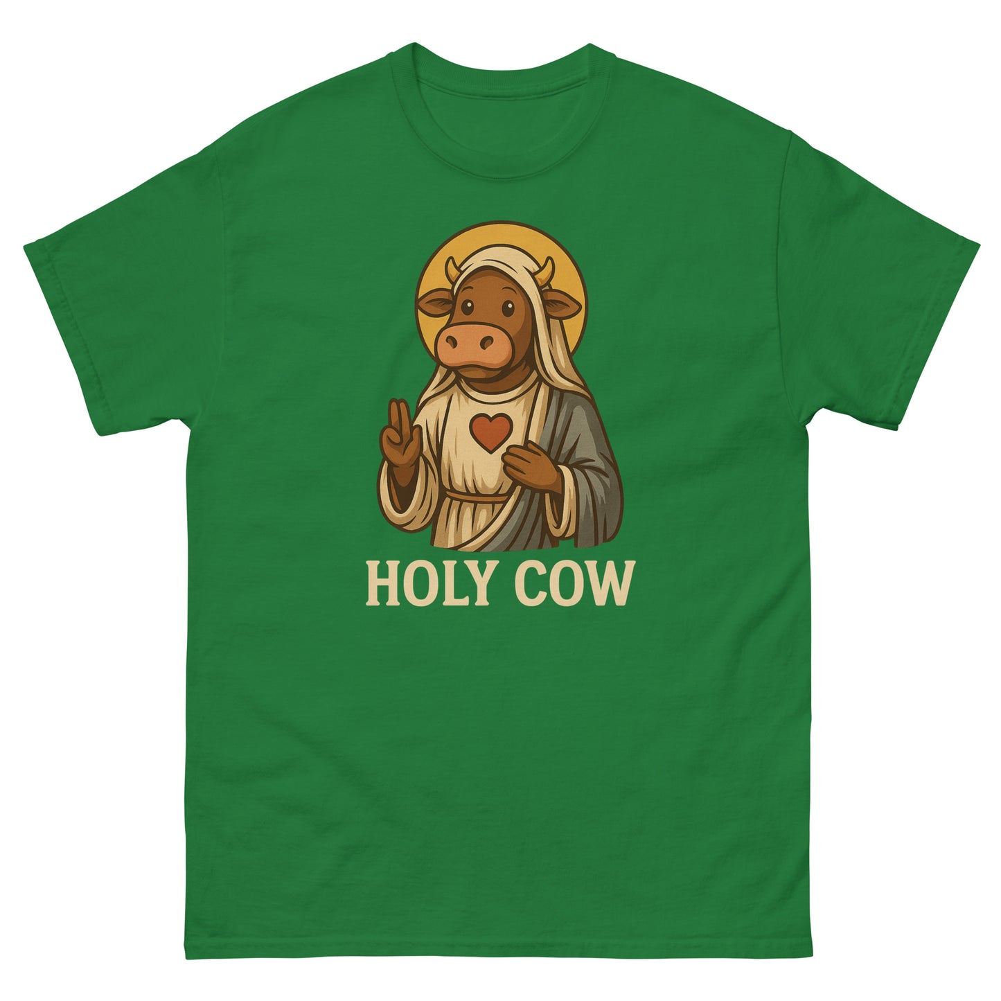 Turf green cartoon cow t-shirt with religious visual pun and gentle humor