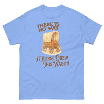 Carolina blue pun t-shirt with wagon graphic and sarcastic horse quote