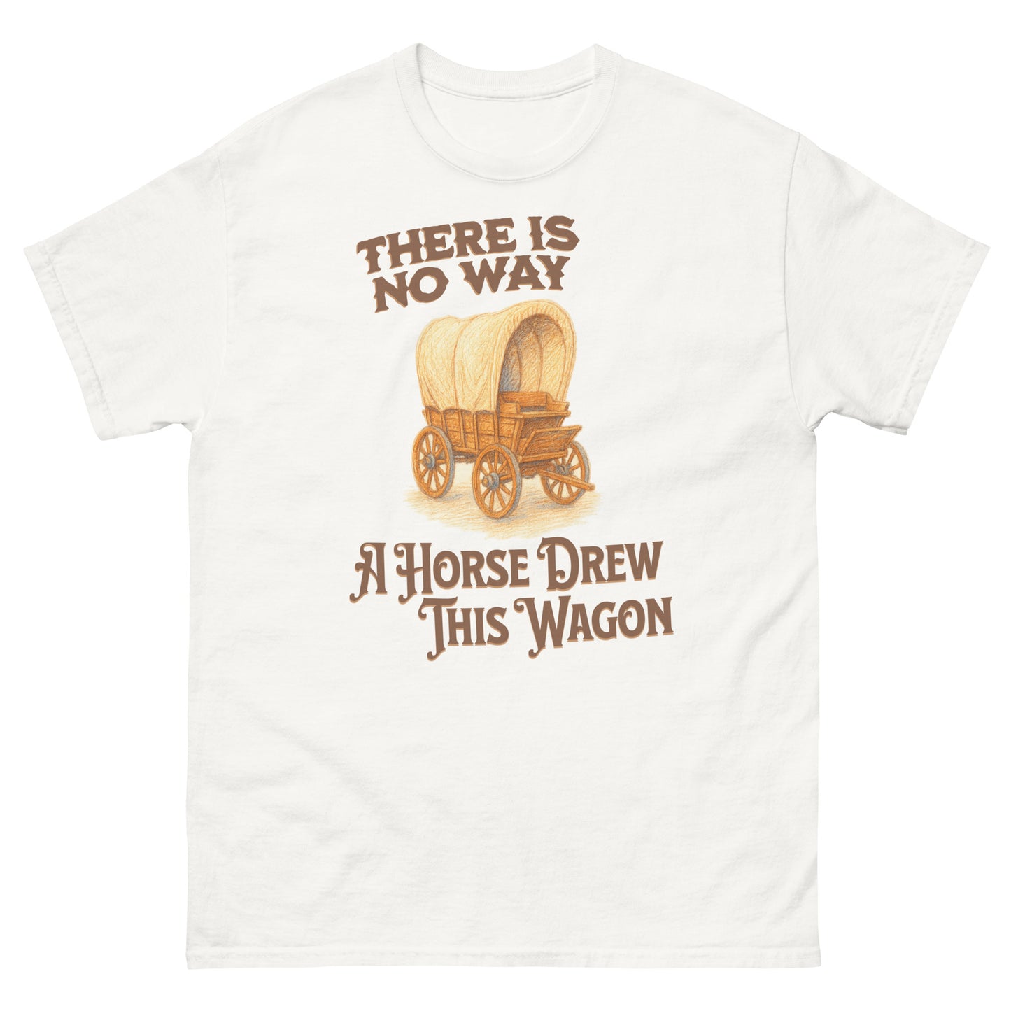 White western humor t-shirt with funny pun about horses and old wagons