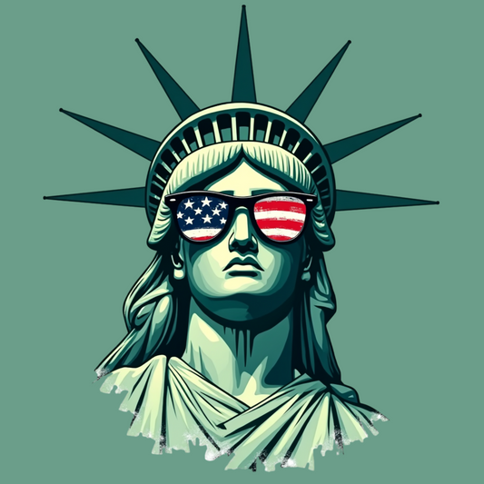 Close-up of Lady Liberty in American flag sunglasses on a bold patriotic graphic t-shirt