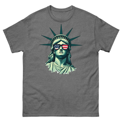 Graphite heather graphic t-shirt with detailed statue of liberty face and patriotic sunglasses