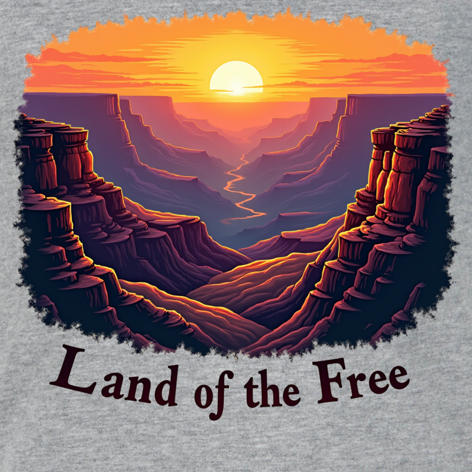 Canyon sunrise graphic with “Land of the Free” text in vintage nature landscape style patriotic tee