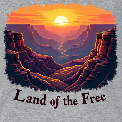 Canyon sunrise graphic with “Land of the Free” text in vintage nature landscape style patriotic tee