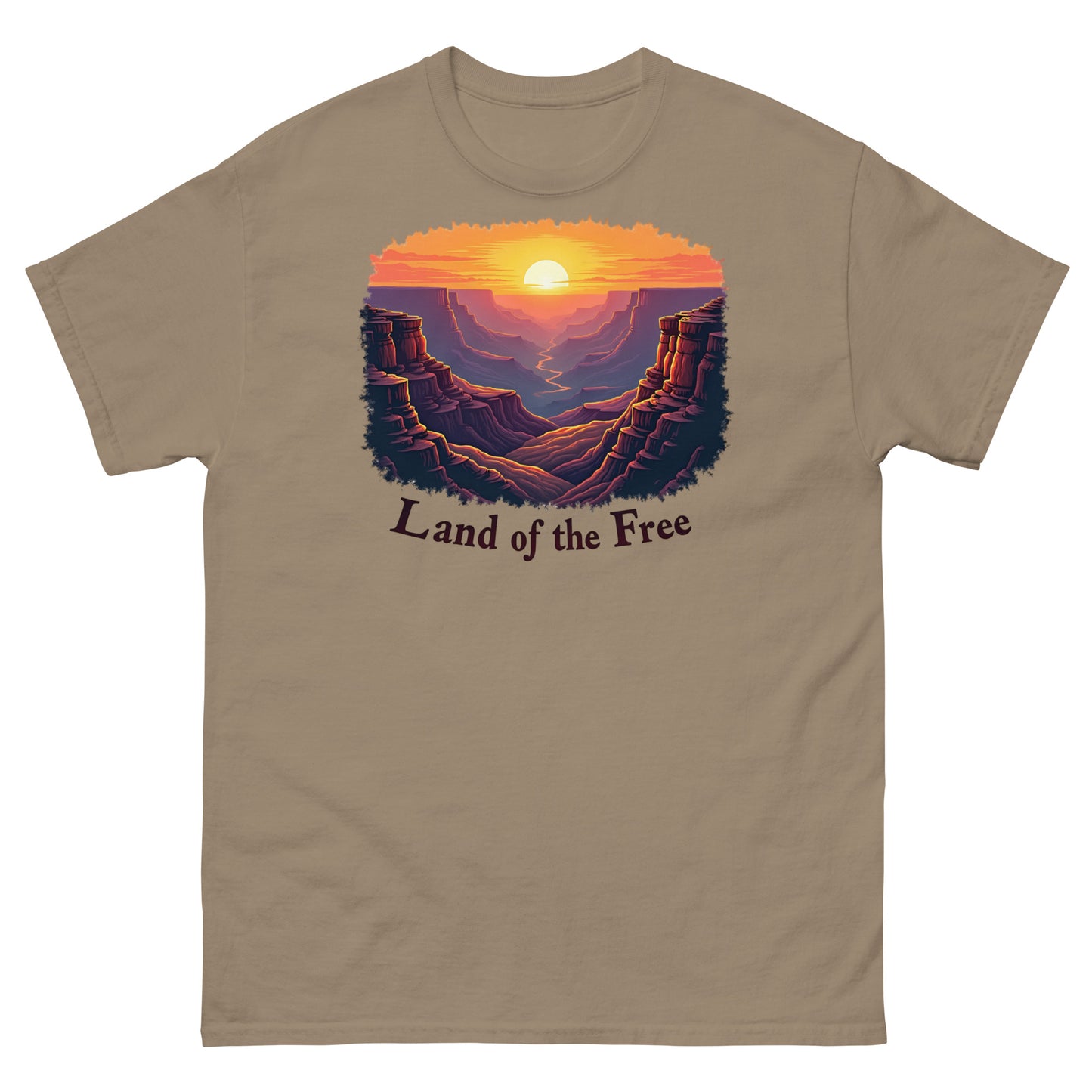 Brown Savana t-shirt with a rustic canyon sunrise print and “Land of the Free” slogan.