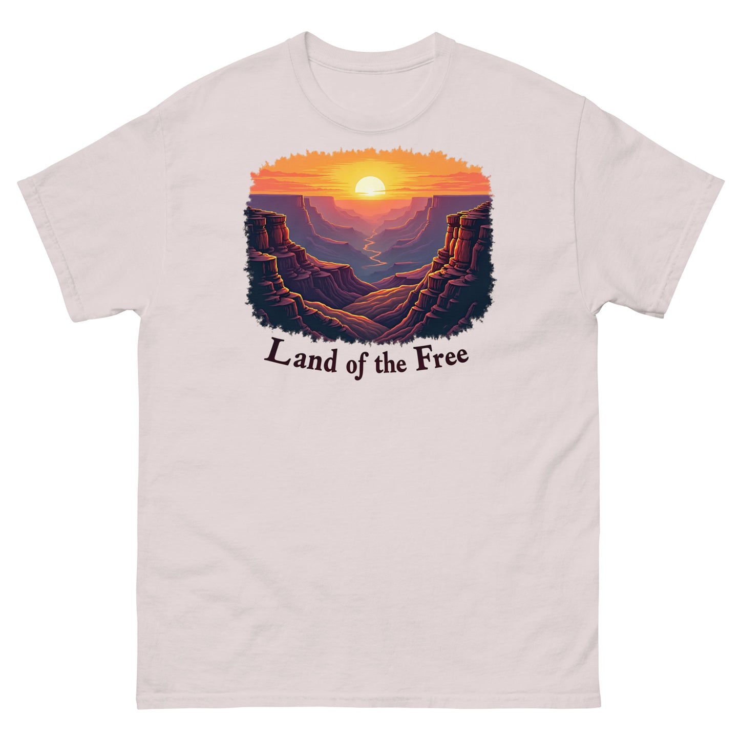 Ice grey t-shirt showcasing a canyon sunrise design with “Land of the Free” text.