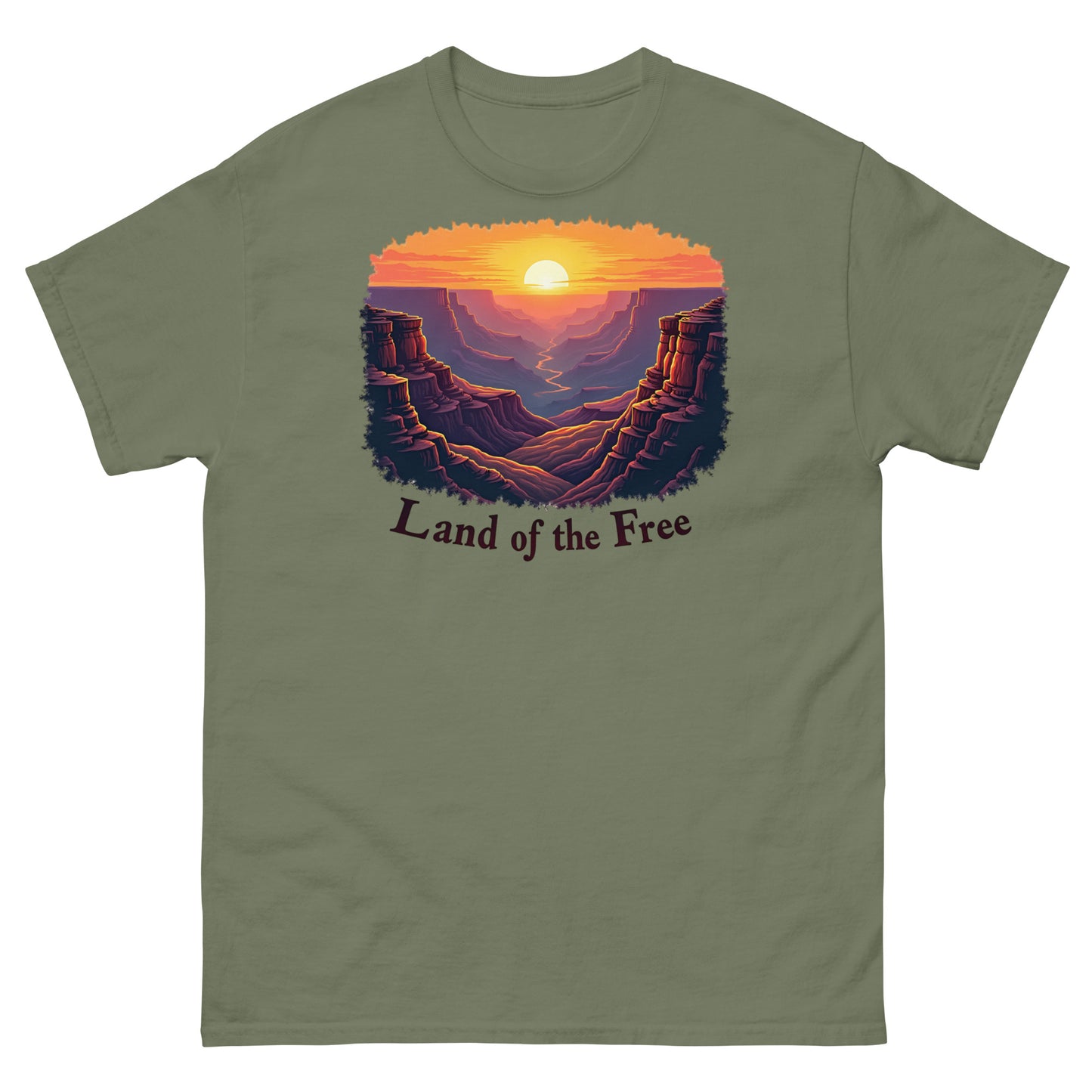 Military green t-shirt featuring a canyon sunrise design with “Land of the Free” text.