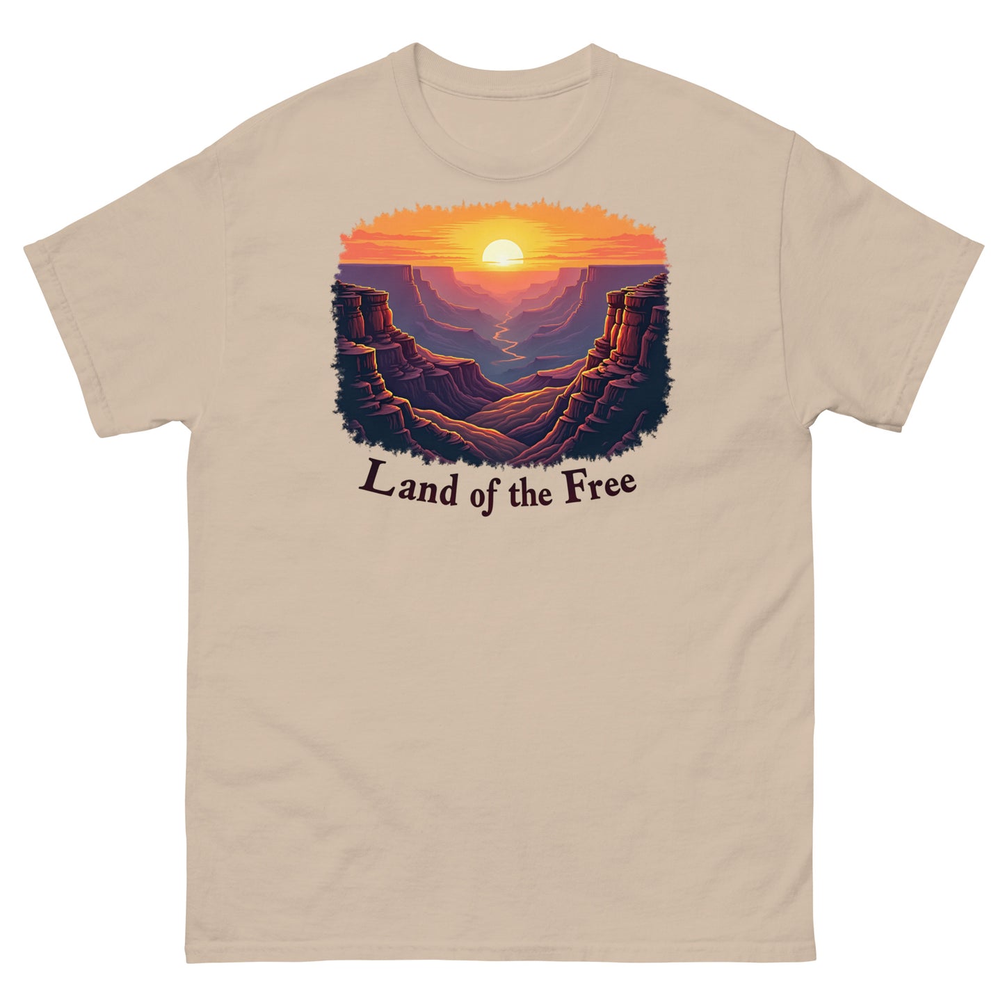 Sand color t-shirt featuring a canyon sunrise print and “Land of the Free” phrase.
