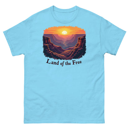 Sky blue t-shirt with a patriotic canyon sunrise design and “Land of the Free” text.